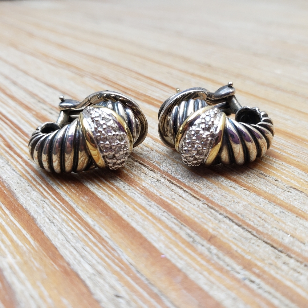 David Yurman 925 18K Gold Diamond Thoroughbred Cable Shrimp Earrings